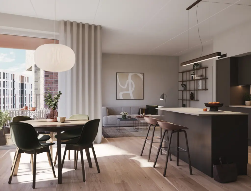 Mariakvartalet Interior Vinkel 03 G504 Stue Kjokken v5 mokka