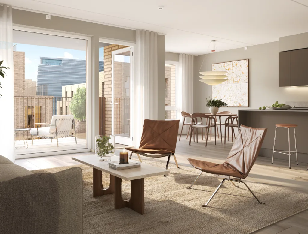 Mariakvartalet Interior Vinkel 02 J501 Stue Kjokken v3 Plyo