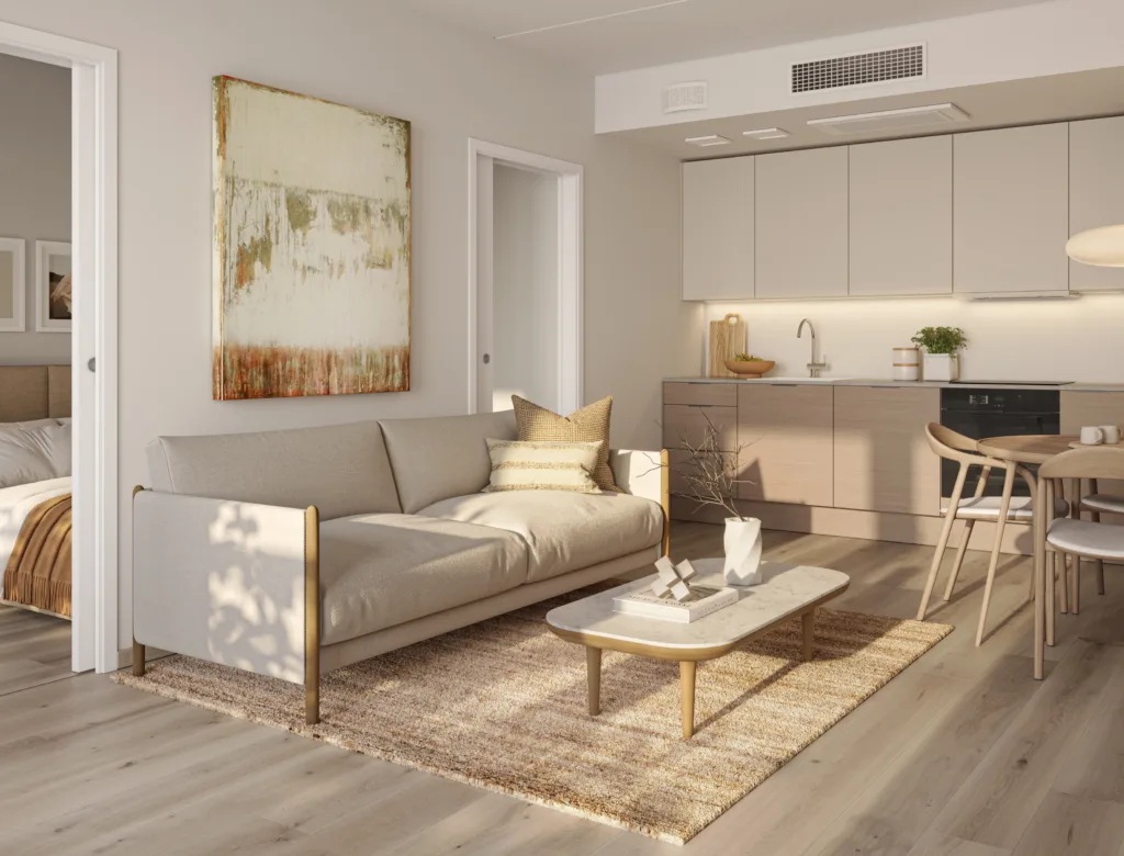 Mariakvartalet Interior Vinkel 04 J504 Stue Kjokken v3 Plyo